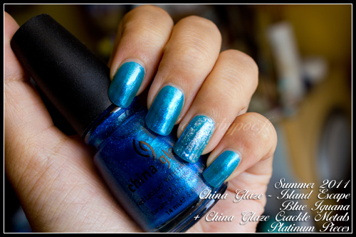 China Glaze Blue Iguana Island Escape Summer 2011 + Platinum Pieces Crackle Metals