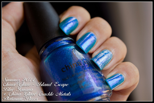 China Glaze Blue Iguana Island Escape Summer 2011 + Platinum Pieces Crackle Metals
