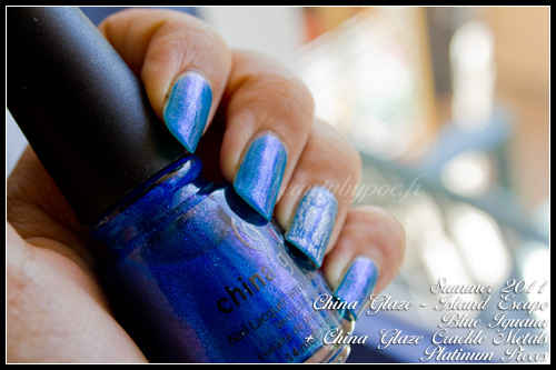 China Glaze Blue Iguana Island Escape Summer 2011 + Platinum Pieces Crackle Metals