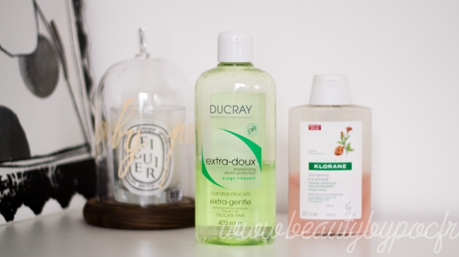 Mes deux shampooings favoris du moment : Shampooing à la grenade de Klorane et l'Extra-doux de Ducray