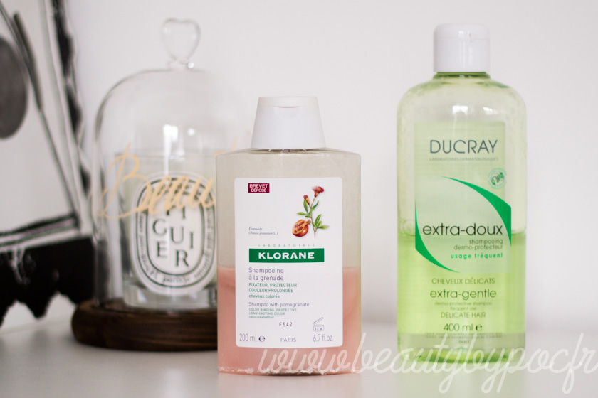 Mes deux shampooings favoris du moment : Shampooing à la grenade de Klorane et l'Extra-doux de Ducray