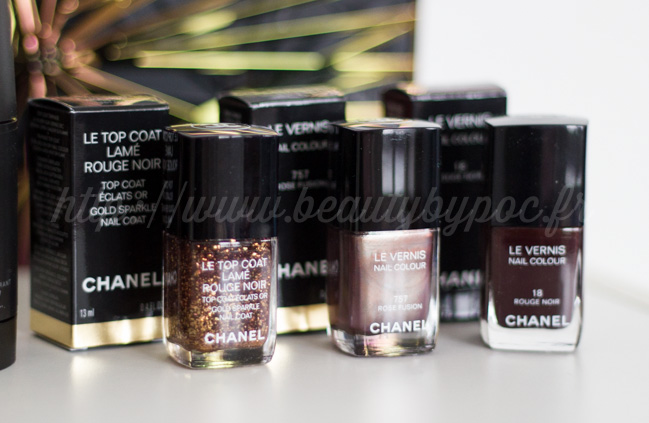 Trois Vernis CHANEL : #18 Rouge Noir, #757 Rose Fusion et le Top Coat Lamé Rouge Noir